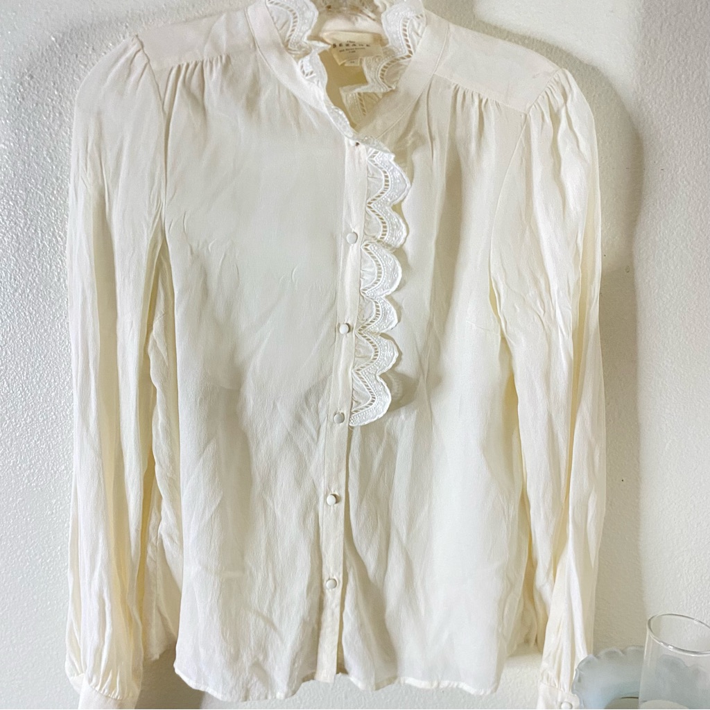 Sezane Paris Women's Cream Lace-Trim Button Front Silk Blouse Size 34